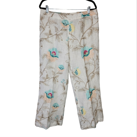 Paperwhite Floral Embroidered Linen Pants Size 14 - Picture 1 of 7